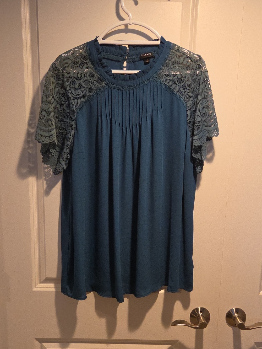 torrid Teal Lace-Yoke Pintuck Short Sleeve Blouse